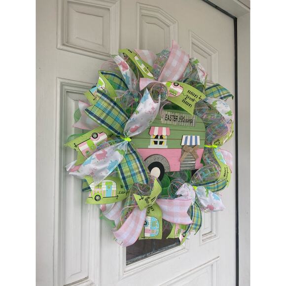 Easter Blessings Camper Sweet Camper RV There Yet Deco Spring Mesh Ribbon Wreath - Picture 6 of 7